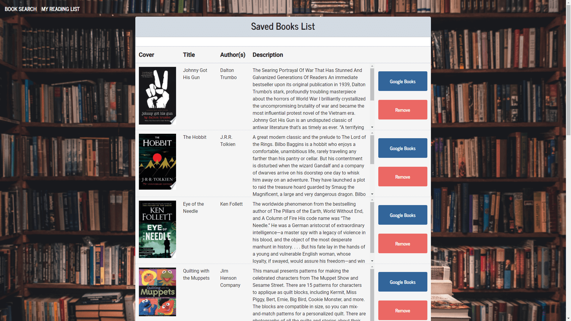 my books list screenshot